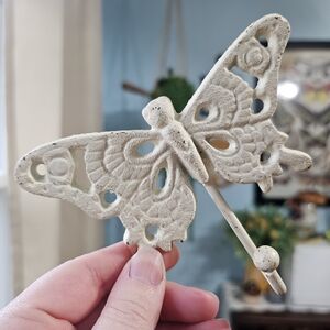 Wrought Iron White Painted Butterfly Wall Hook Vintage Boho Cottagecore Hippie